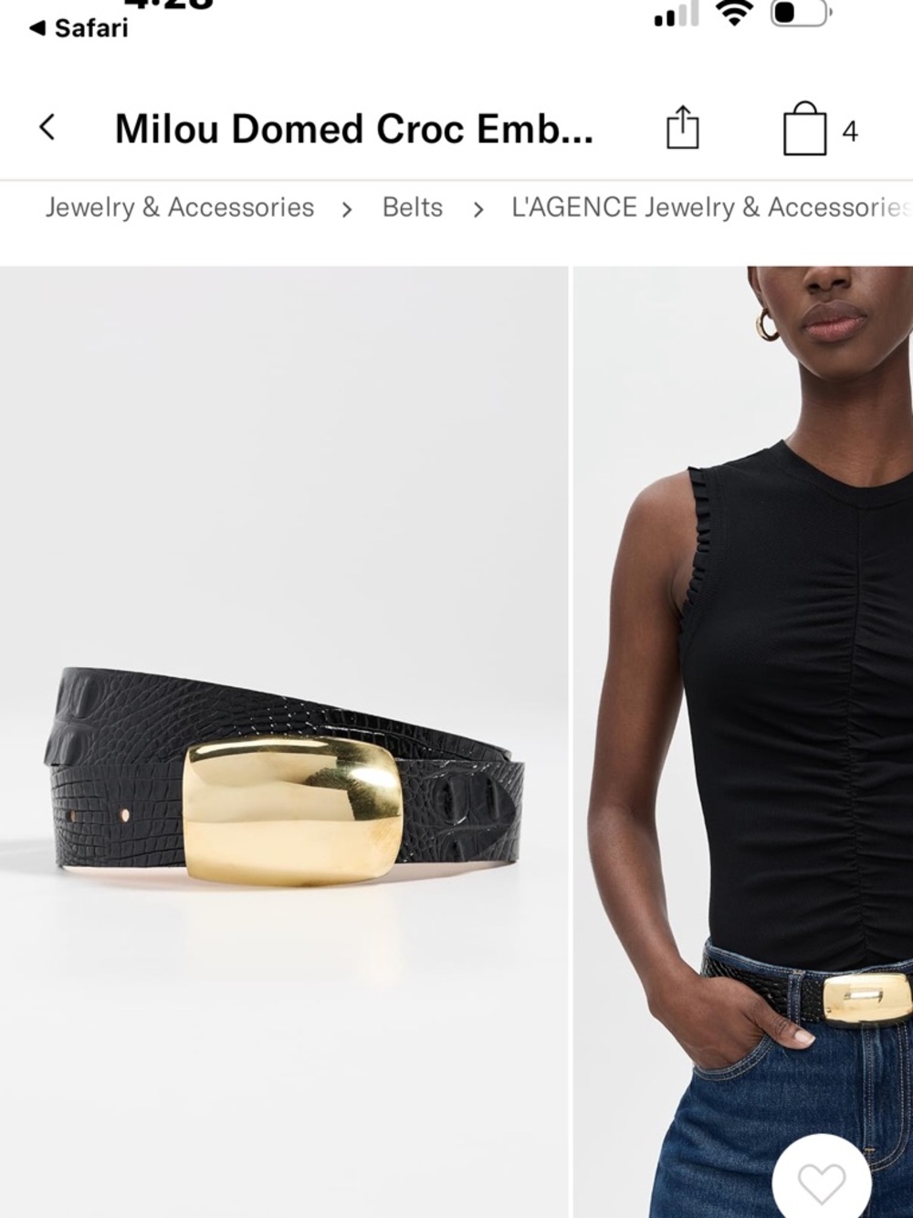 L'AGENCE Black Croc-Embossed Leather Belt with Polished Gold Domed Buckle